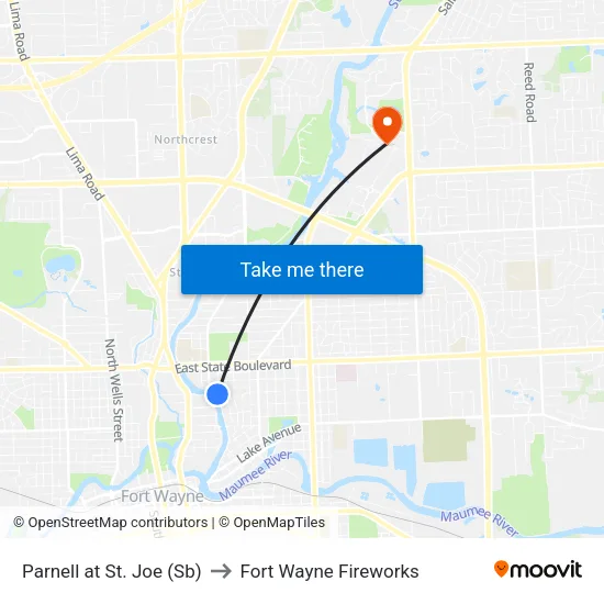 Parnell at St. Joe (Sb) to Fort Wayne Fireworks map
