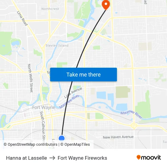 Hanna at Lasselle to Fort Wayne Fireworks map