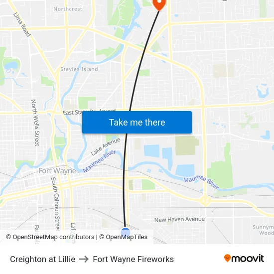 Creighton at Lillie to Fort Wayne Fireworks map