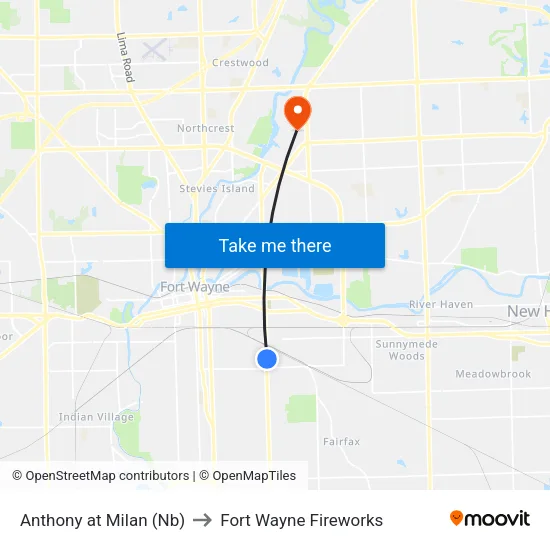 Anthony at Milan (Nb) to Fort Wayne Fireworks map
