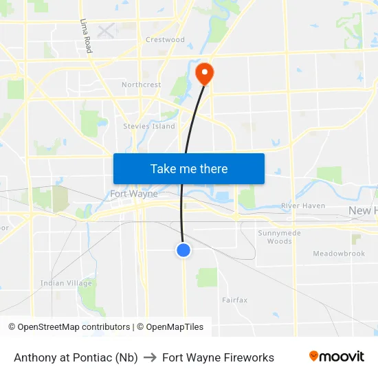 Anthony at Pontiac (Nb) to Fort Wayne Fireworks map