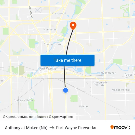 Anthony at Mckee (Nb) to Fort Wayne Fireworks map