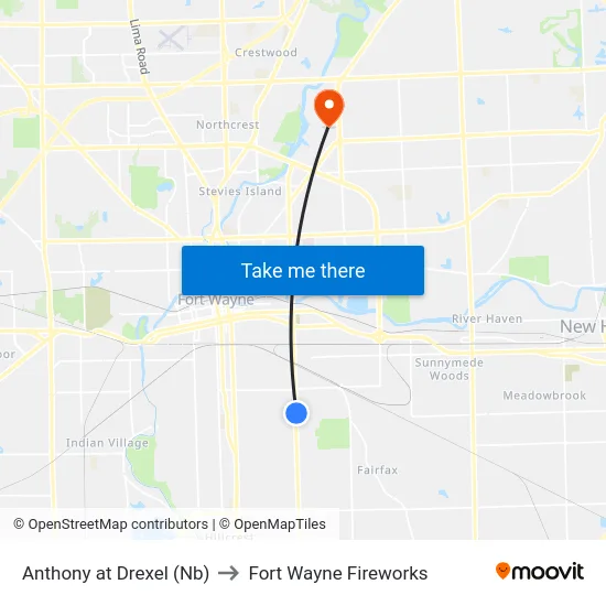 Anthony at Drexel (Nb) to Fort Wayne Fireworks map