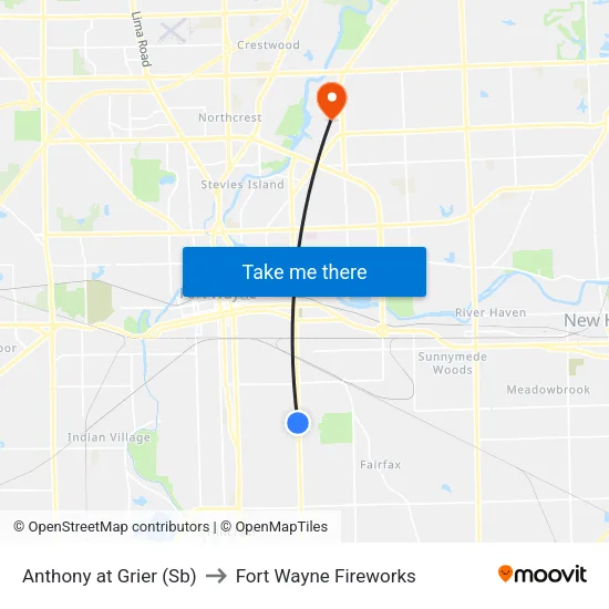Anthony at Grier (Sb) to Fort Wayne Fireworks map