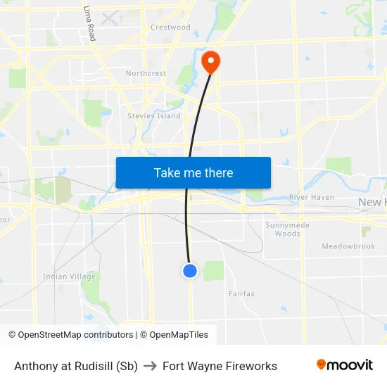 Anthony at Rudisill (Sb) to Fort Wayne Fireworks map