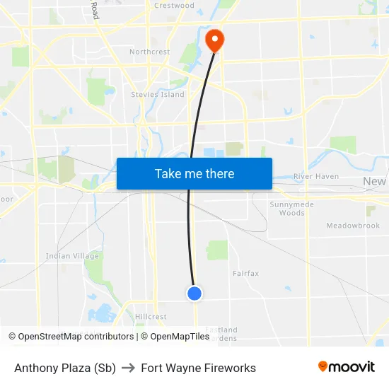 Anthony Plaza (Sb) to Fort Wayne Fireworks map