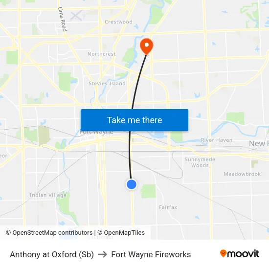 Anthony at Oxford (Sb) to Fort Wayne Fireworks map