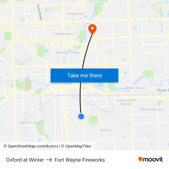 Oxford at Winter to Fort Wayne Fireworks map