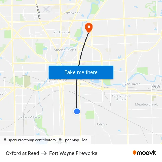 Oxford at Reed to Fort Wayne Fireworks map