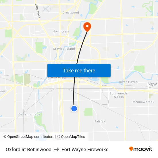Oxford at Robinwood to Fort Wayne Fireworks map