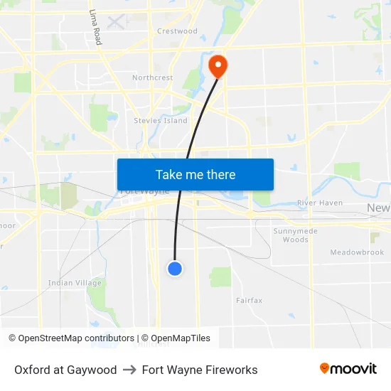 Oxford at Gaywood to Fort Wayne Fireworks map