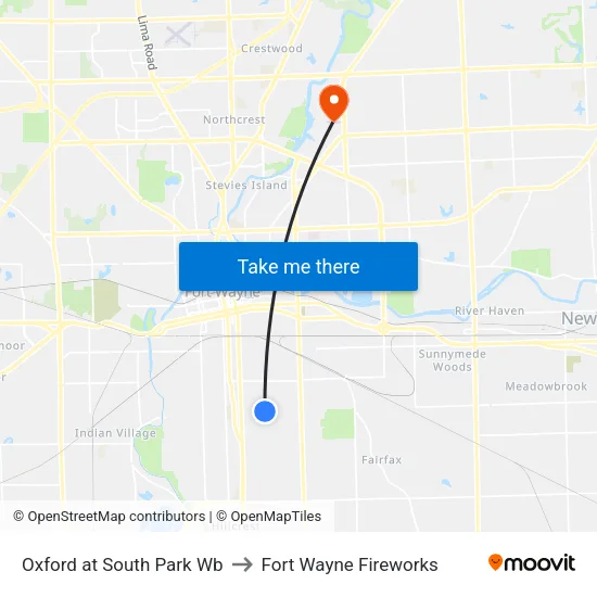 Oxford at South Park Wb to Fort Wayne Fireworks map