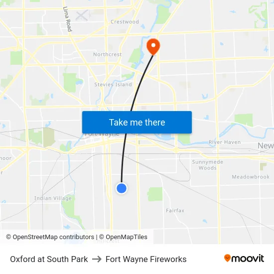 Oxford at South Park to Fort Wayne Fireworks map