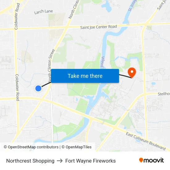 Northcrest Shopping to Fort Wayne Fireworks map