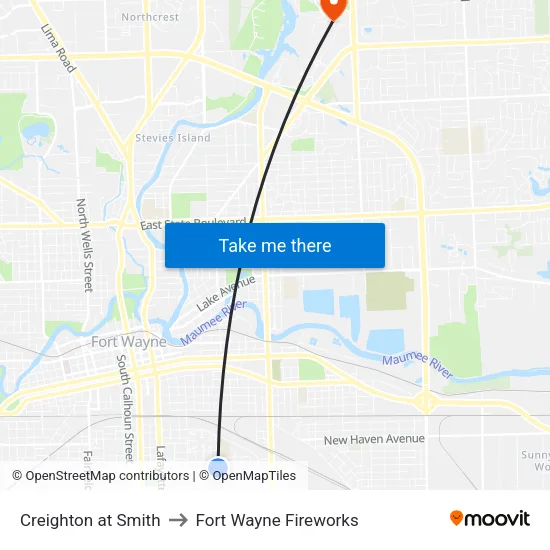 Creighton at Smith to Fort Wayne Fireworks map