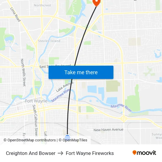 Creighton And Bowser to Fort Wayne Fireworks map