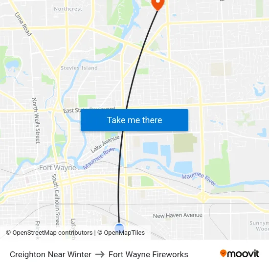 Creighton Near Winter to Fort Wayne Fireworks map