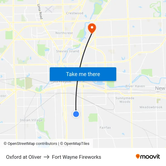 Oxford at Oliver to Fort Wayne Fireworks map