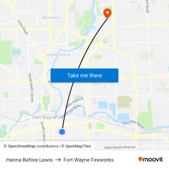 Hanna Before Lewis to Fort Wayne Fireworks map