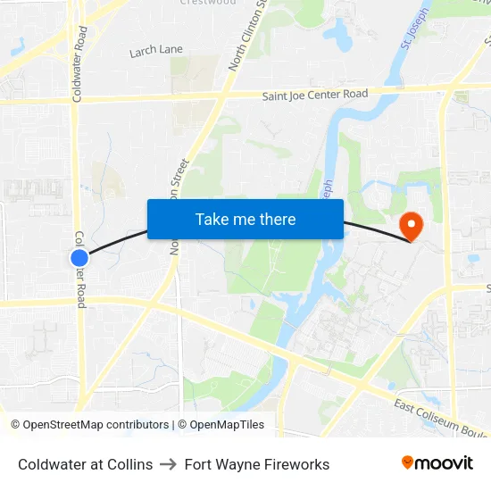 Coldwater at Collins to Fort Wayne Fireworks map