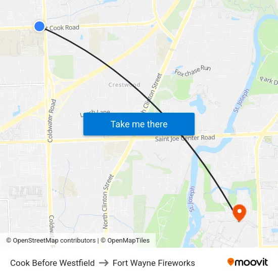 Cook Before Westfield to Fort Wayne Fireworks map