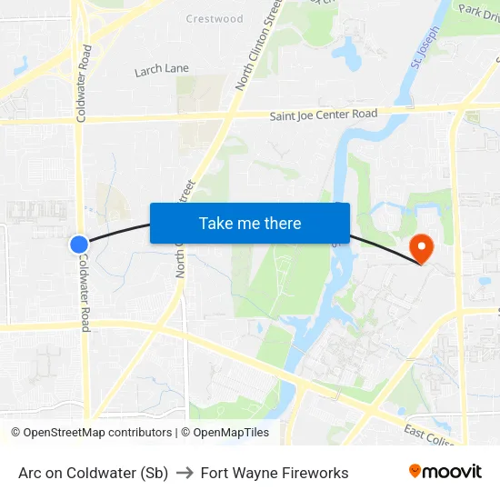 Arc on Coldwater (Sb) to Fort Wayne Fireworks map