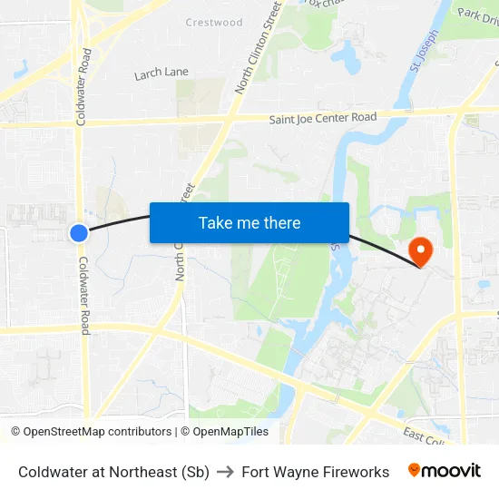 Coldwater at Northeast (Sb) to Fort Wayne Fireworks map