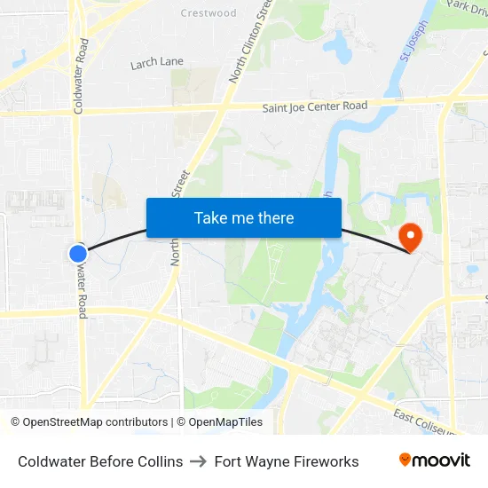 Coldwater Before Collins to Fort Wayne Fireworks map