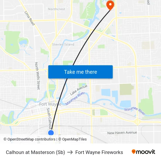Calhoun at Masterson (Sb) to Fort Wayne Fireworks map