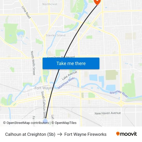 Calhoun at Creighton (Sb) to Fort Wayne Fireworks map