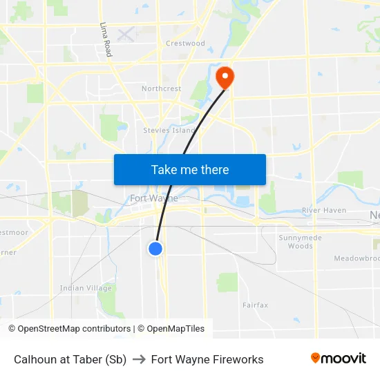 Calhoun at Taber (Sb) to Fort Wayne Fireworks map