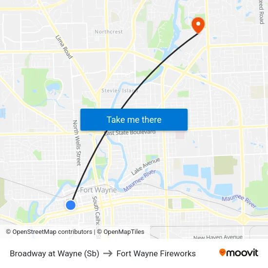 Broadway at Wayne (Sb) to Fort Wayne Fireworks map