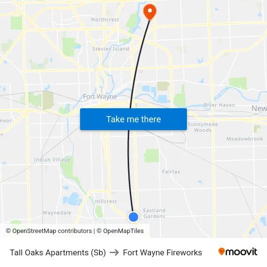 Tall Oaks Apartments (Sb) to Fort Wayne Fireworks map