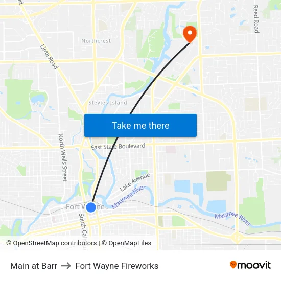 Main at Barr to Fort Wayne Fireworks map