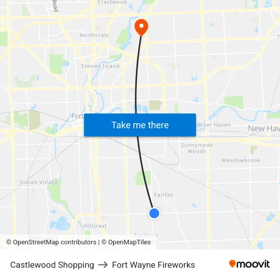 Castlewood Shopping to Fort Wayne Fireworks map