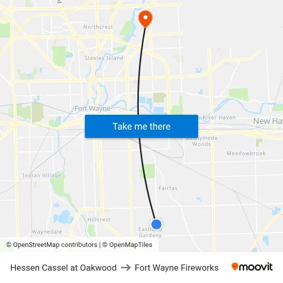 Hessen Cassel at Oakwood to Fort Wayne Fireworks map