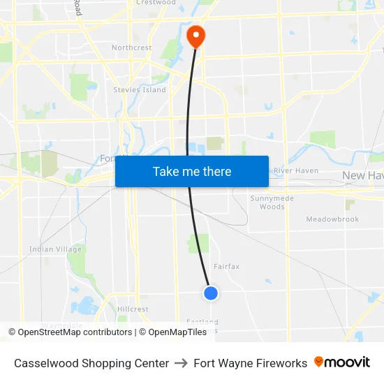 Casselwood Shopping Center to Fort Wayne Fireworks map