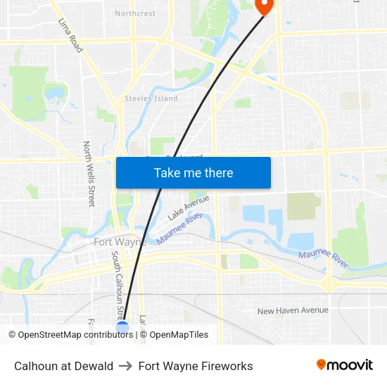 Calhoun at Dewald to Fort Wayne Fireworks map