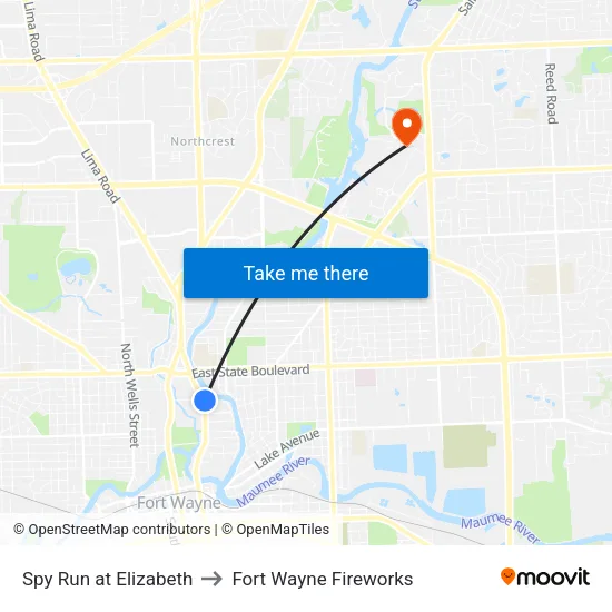 Spy Run at Elizabeth to Fort Wayne Fireworks map