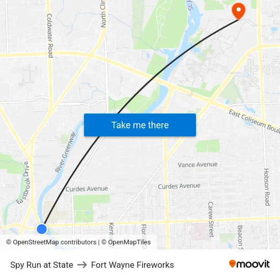 Spy Run at State to Fort Wayne Fireworks map