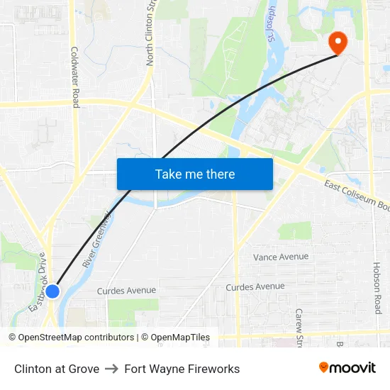 Clinton at Grove to Fort Wayne Fireworks map