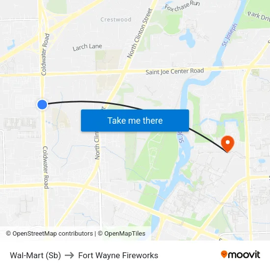 Wal-Mart (Sb) to Fort Wayne Fireworks map