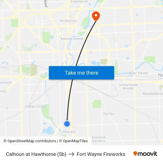 Calhoun at Hawthorne (Sb) to Fort Wayne Fireworks map