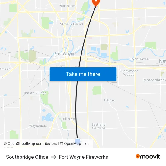 Southbridge Office to Fort Wayne Fireworks map