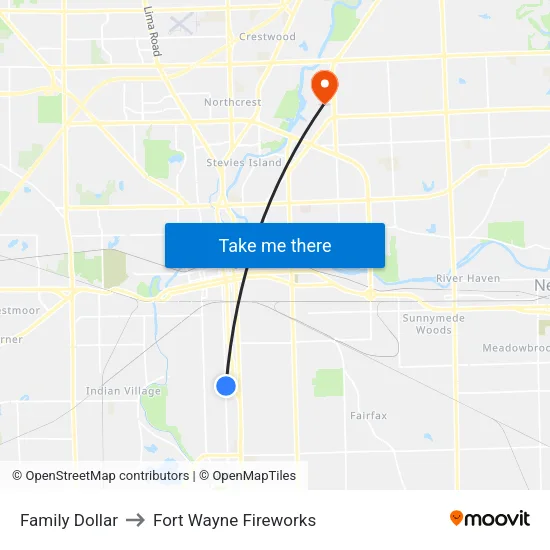 Family Dollar to Fort Wayne Fireworks map