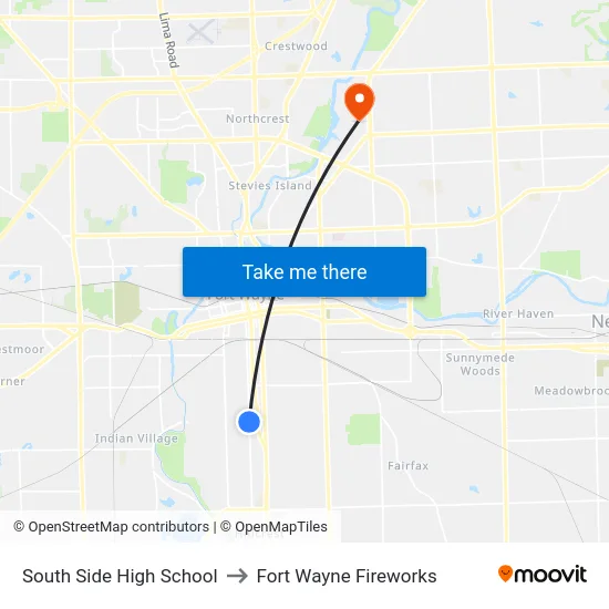 South Side High School to Fort Wayne Fireworks map