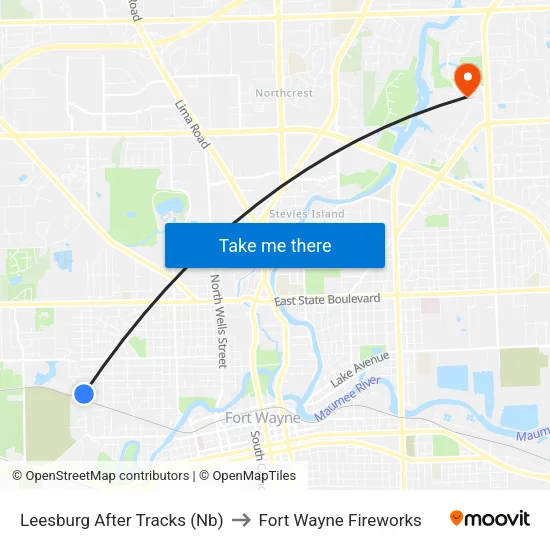 Leesburg After Tracks (Nb) to Fort Wayne Fireworks map