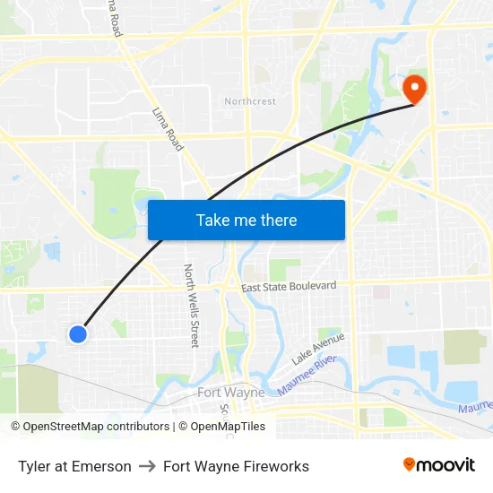 Tyler at Emerson to Fort Wayne Fireworks map