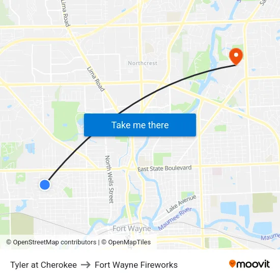 Tyler at Cherokee to Fort Wayne Fireworks map