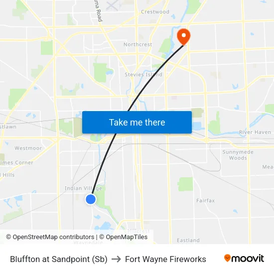 Bluffton at Sandpoint (Sb) to Fort Wayne Fireworks map